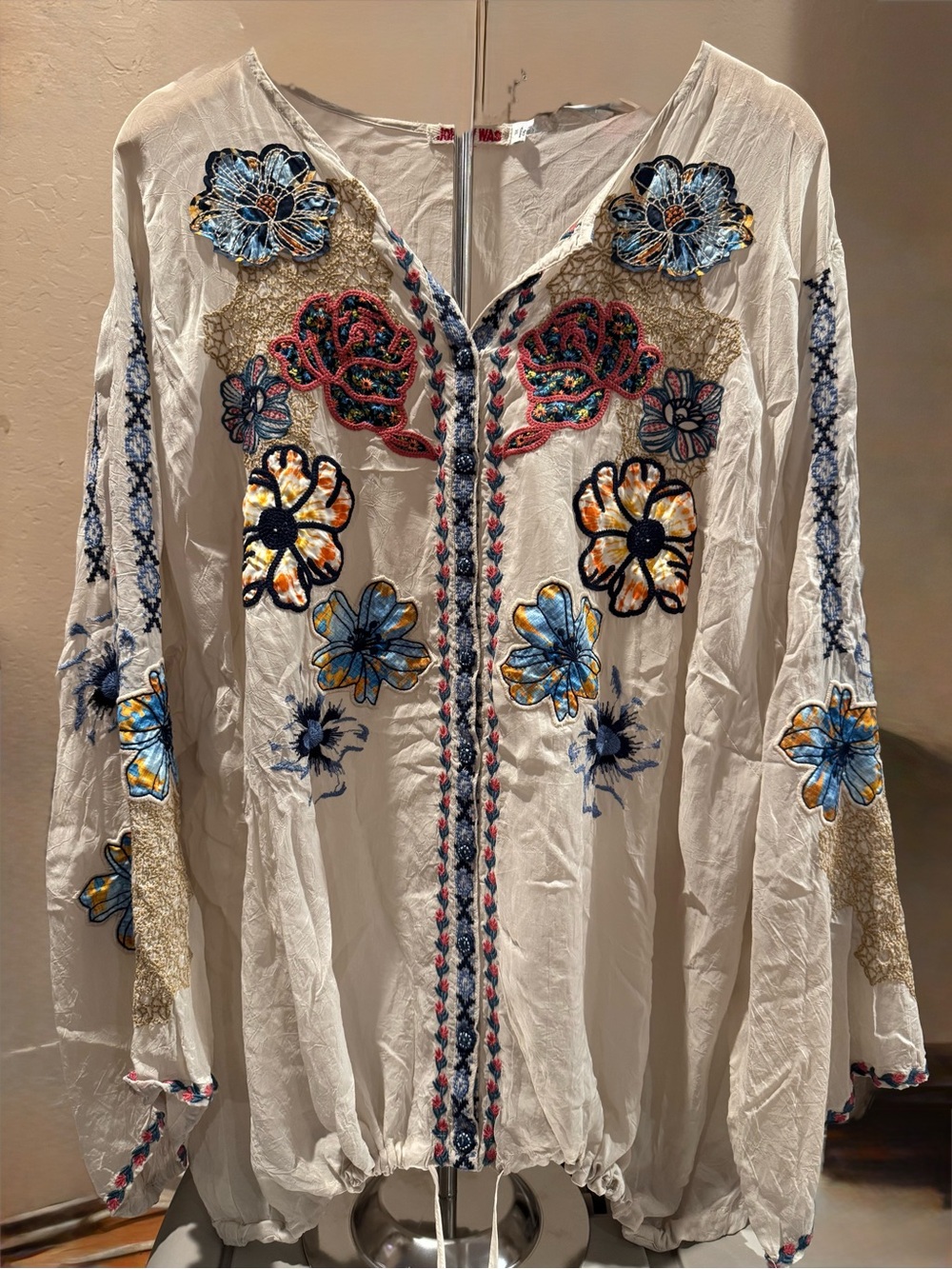 Johnny Was White Embroidered Floral Peasant Blouse